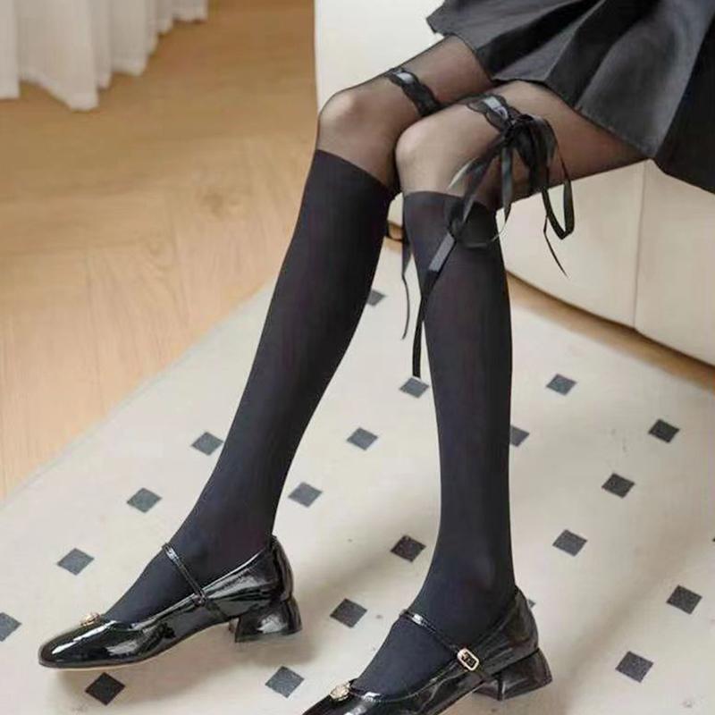 Versatile Fashion Bow Lace Stockings For Women Girls Sexy Anti Hooking Pantyhose Spring Summer Black Beige Thin Lolita Leggings