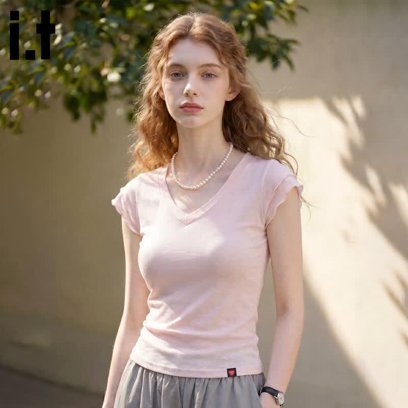 CHOCOOLATEit Women s Slim Fit V-Neck Frilled Short Sleeve T-Shirt XL