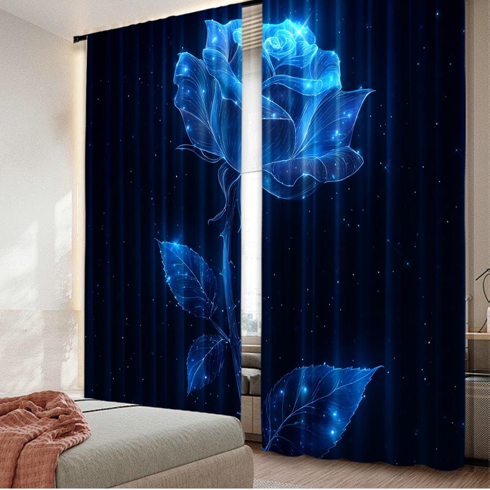 

Flat Printing Curtain Cosmic Blue Rose Digital Printed Polyester Drapes Seasonal Party Holiday Decor Use Yard Set Of 2 Made Washable W100*H70(CM)-Hooks&2PCS