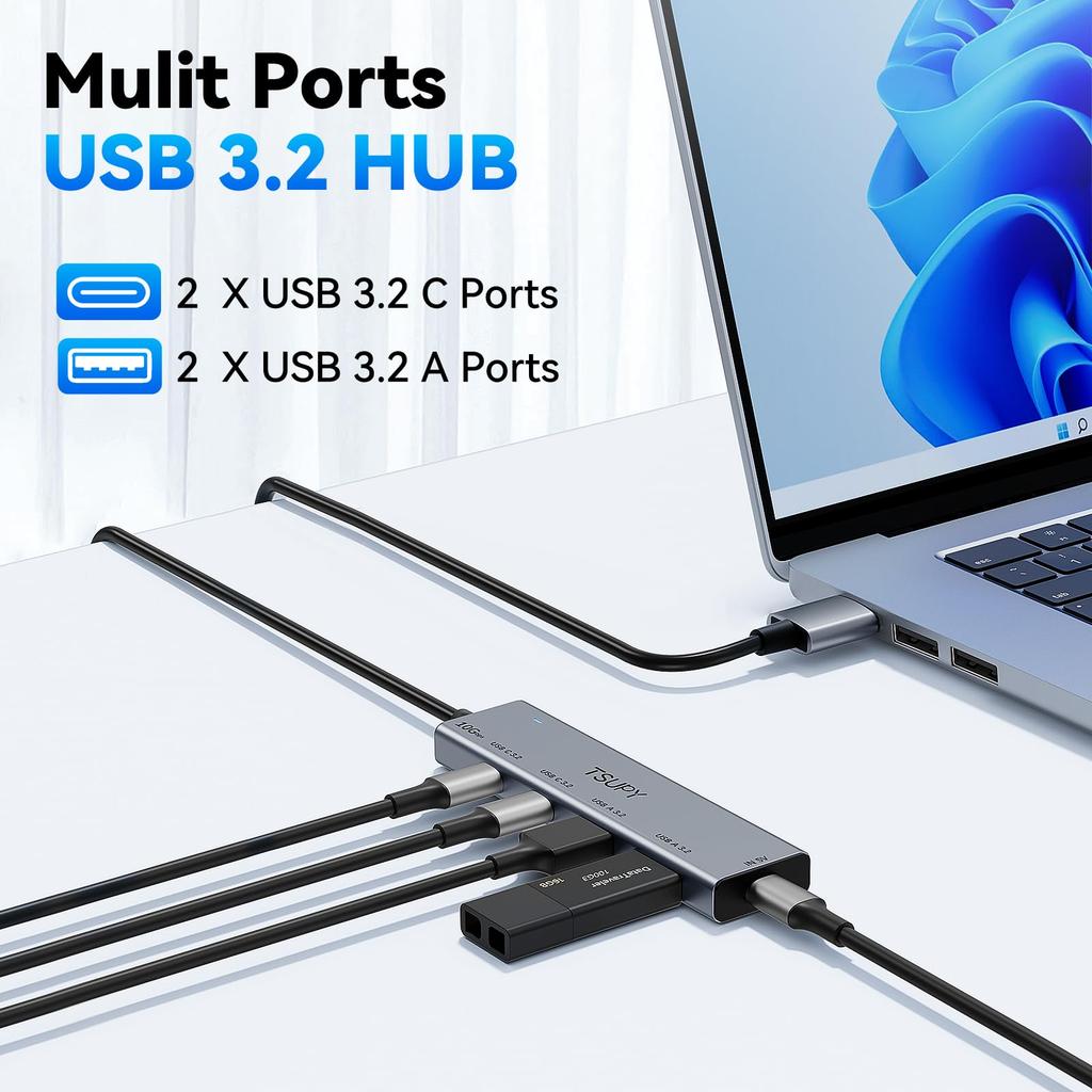 10Gbps USB Hub Both 5 TSUPY USB Gen 2 Hub 120cm Extension Cable Port Expansion Aluminum USB Expansion and Slim Compact Compatible with Hub New Type-C