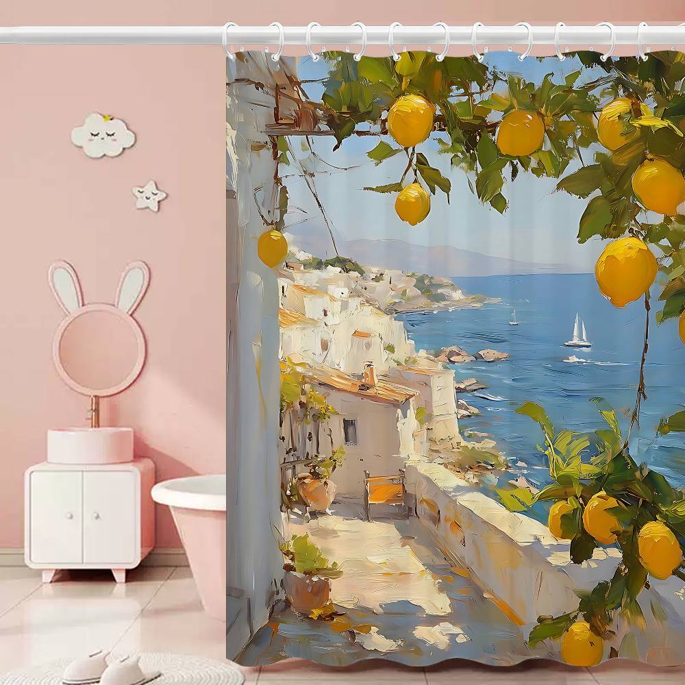 Mediterranean Lemon Cartoon Shower Curtain - Water-Repellent And Leak-Resistant, Mold And Mildew Resistant For