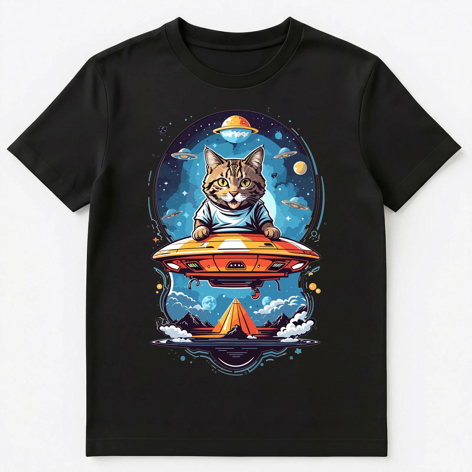 Cute Cat Abducted By Ufo Graphic Unisex T-Shirt 2XL
