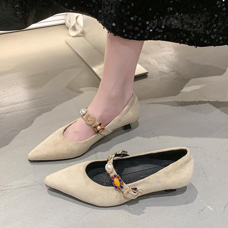 French Pointed Head Shallow Mouth Single Shoes Women's 2025 New Spring and Autumn Retro Suede Mary Jane Women's Shoes with Skirt High Heels