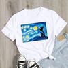 Van Gogh Gwieździsta Noc Kot w Druku Odzież Damska T-shirt Estetyczny Wzór Bawełna Krótki Rękaw Poliester Damski T-shirt