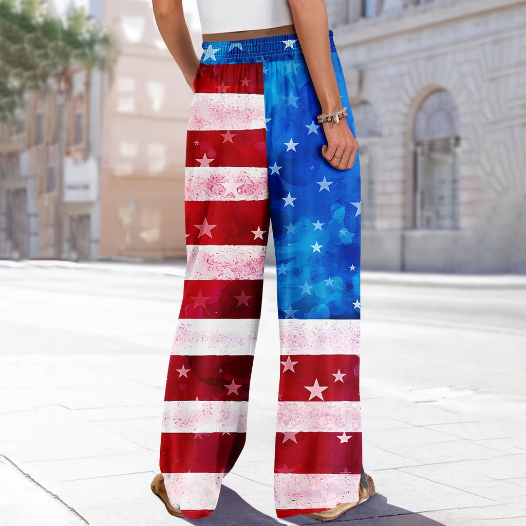 Damen Sommer Boho Palazzo Hose Hohe Taille Weites Bein Independence Printing Freizeithose mit Taschen