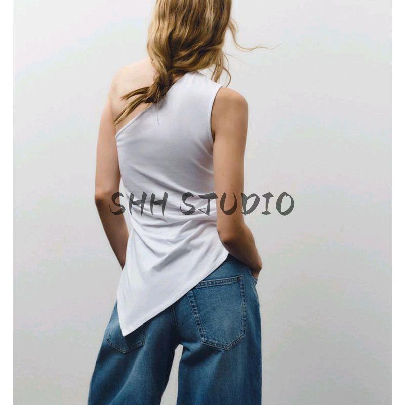 Spring New Women clothes French style Pleat Decorative Cotton Blend Asymmetric Simple Temperament Top 0085182