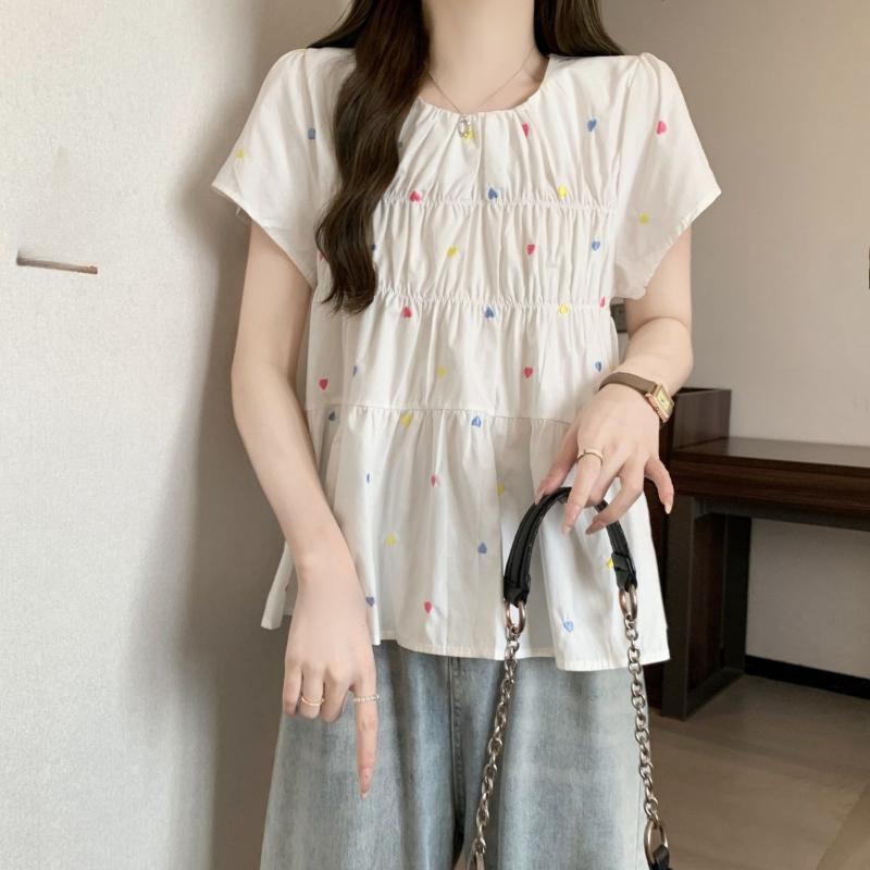 Fold Design Women's Short Sleeved T-shirt Colorful Heart Print Round Neck Tees Korean Sweet Ladies Clothing