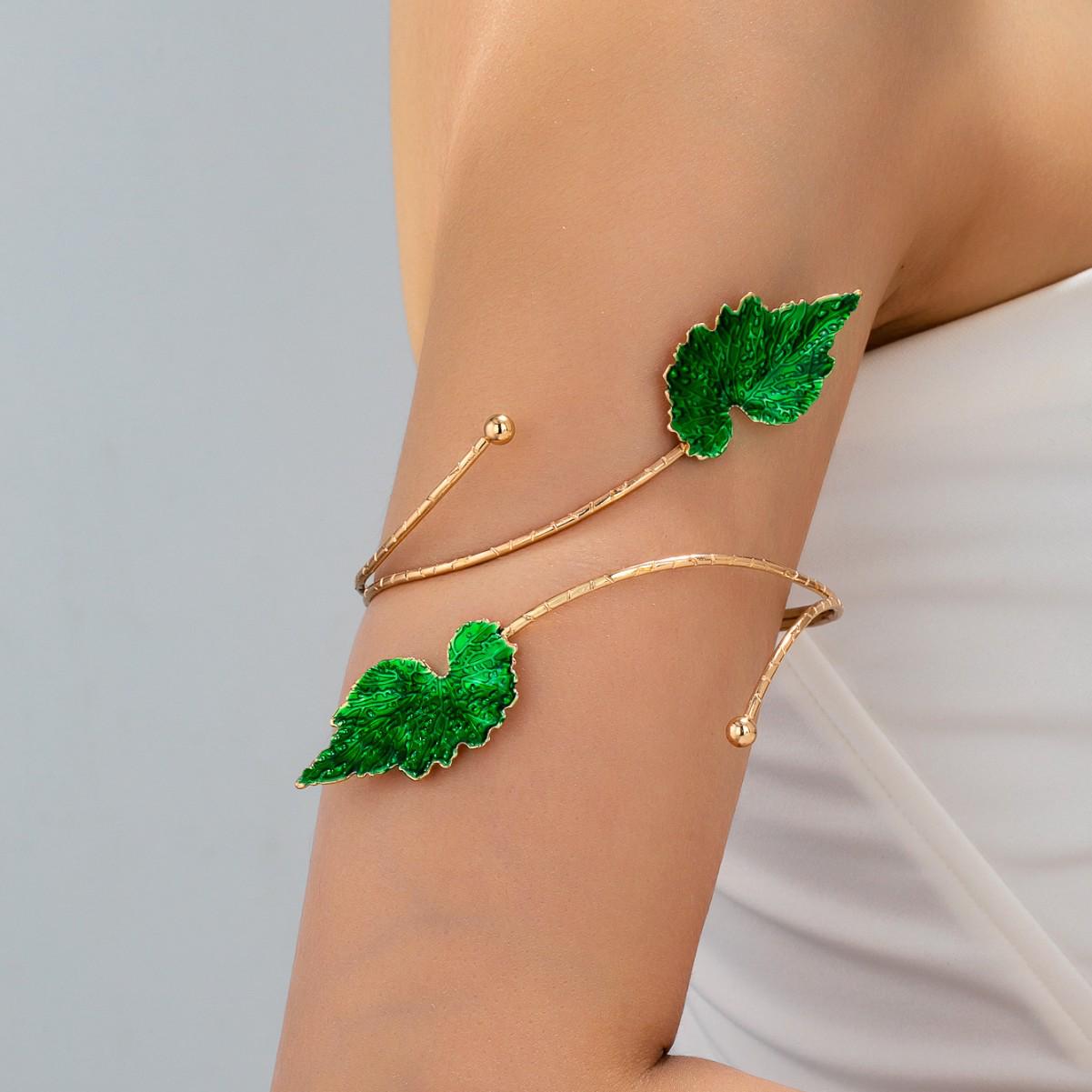 Green Maple Leaf Cuff Bracelet & Earrings Set - Irregular Literary Forest Style 17931 - 17939