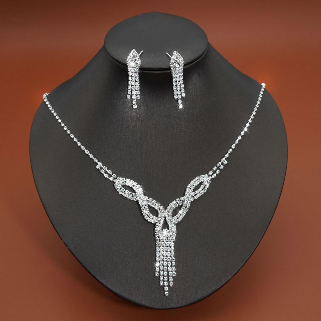 Luxury Geometric Rhinestone Tassel Necklace & Stud Earrings Set for Women