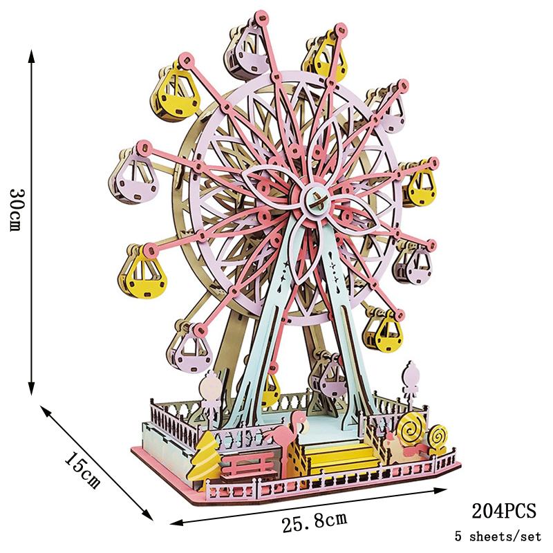 3D Wooden Puzzle Ferris Wheel Model Diy Assembly Kits Carousel Toys For Children Girls Christmas Tree Gift Home Room Decoration
