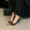 2025 New European and American Fashion Pointed High Heels Metal Toe Head 7 Cm Royal Sister Style Temperament Single Shoes