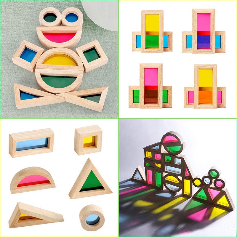 Montessori Transparent Shape Blocks Wooden Toys Rainbow Acrylic Color Cognitive Sensory Building Game Educational Toys for Kids