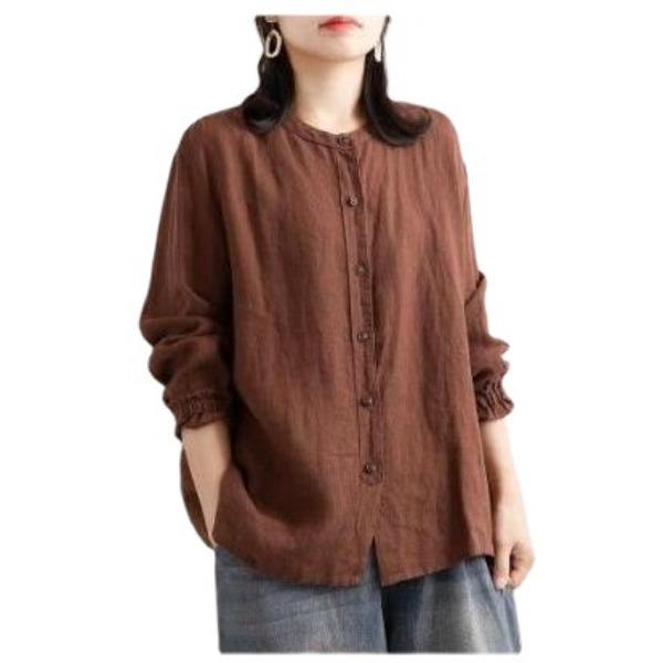 Spring Autumn Women's Cotton Linen Shirt Long Sleeved Loose Round Neck Shirt Casual Jacket with Closed Sleeves Top
