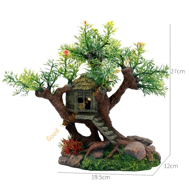Aquarium Resin Tree House Decoration for Fish for Tank Hideout with Rock Grass 55KF