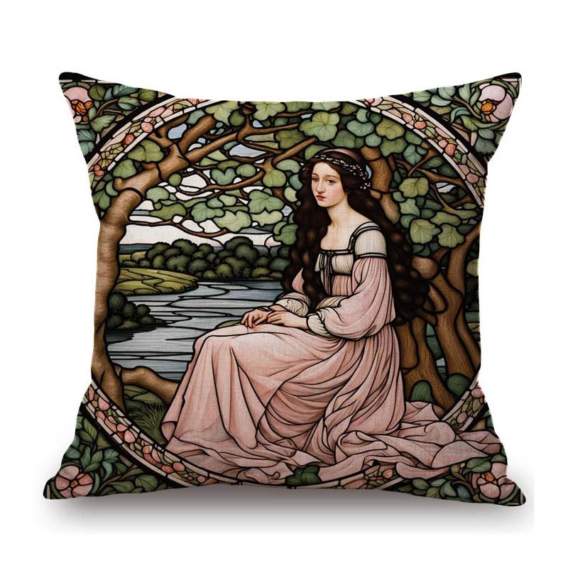 Renaissance Pre-Raphaelitism William Morris Round Stained Glass Window Elegant Lady Girl Decoration Pillow Case Cushion Cover