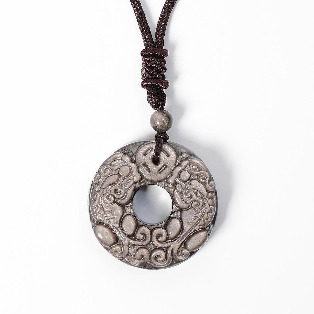 Natural Black Obsidian Pixiu Safety Buckle Pendant Necklace for Men and Women