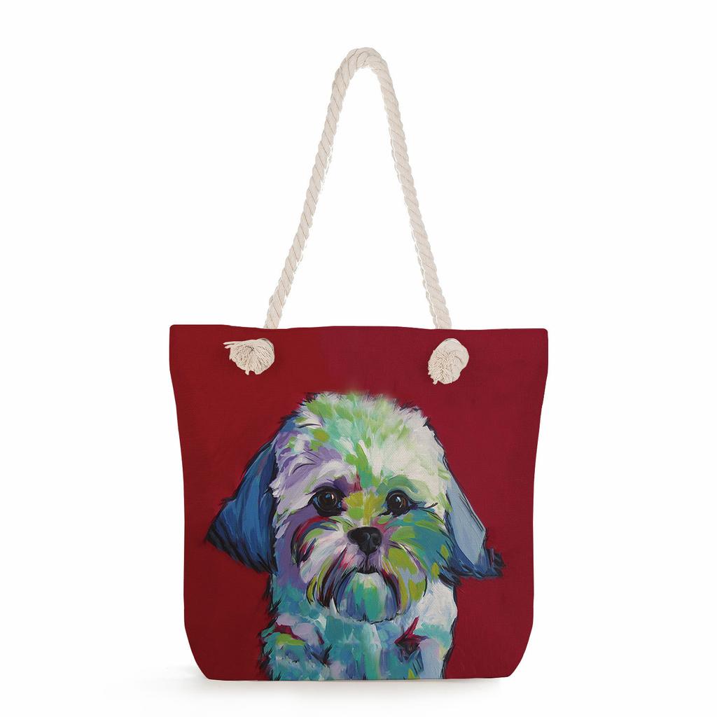 Oil Painting of a Dog Print Thick Rope Single-shoulder Beach Bag 7214