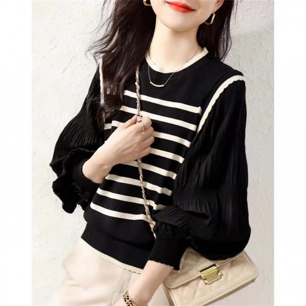 Knit Cut and Long Elegant and Border Puff Loose Cute for Perfect for and Casual Lightweight Pullover Blouse with Round Neck and Balloon Sleeves