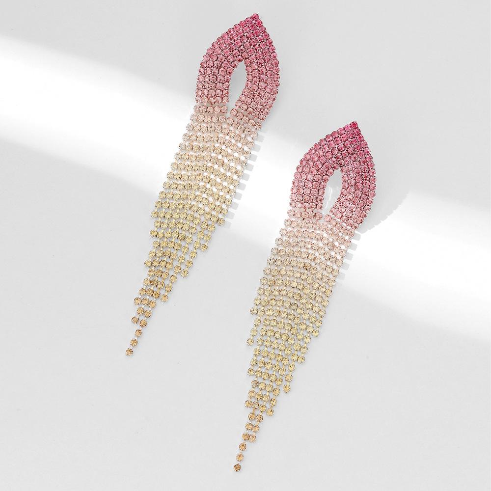 

High-grade gradual change of color full diamond long fringed earrings for women