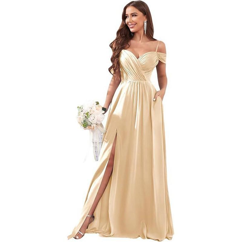 1011 new evening dress European and American bridesmaid dress suspender long dress solid color banquet evening dress