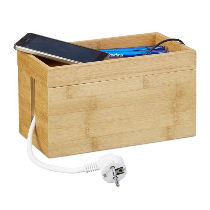 Relaxdays boîte à câbles bambou, multiple, compact, universel, pratique, organisation câbles hxlxp 14x 25,5x14 cm nature