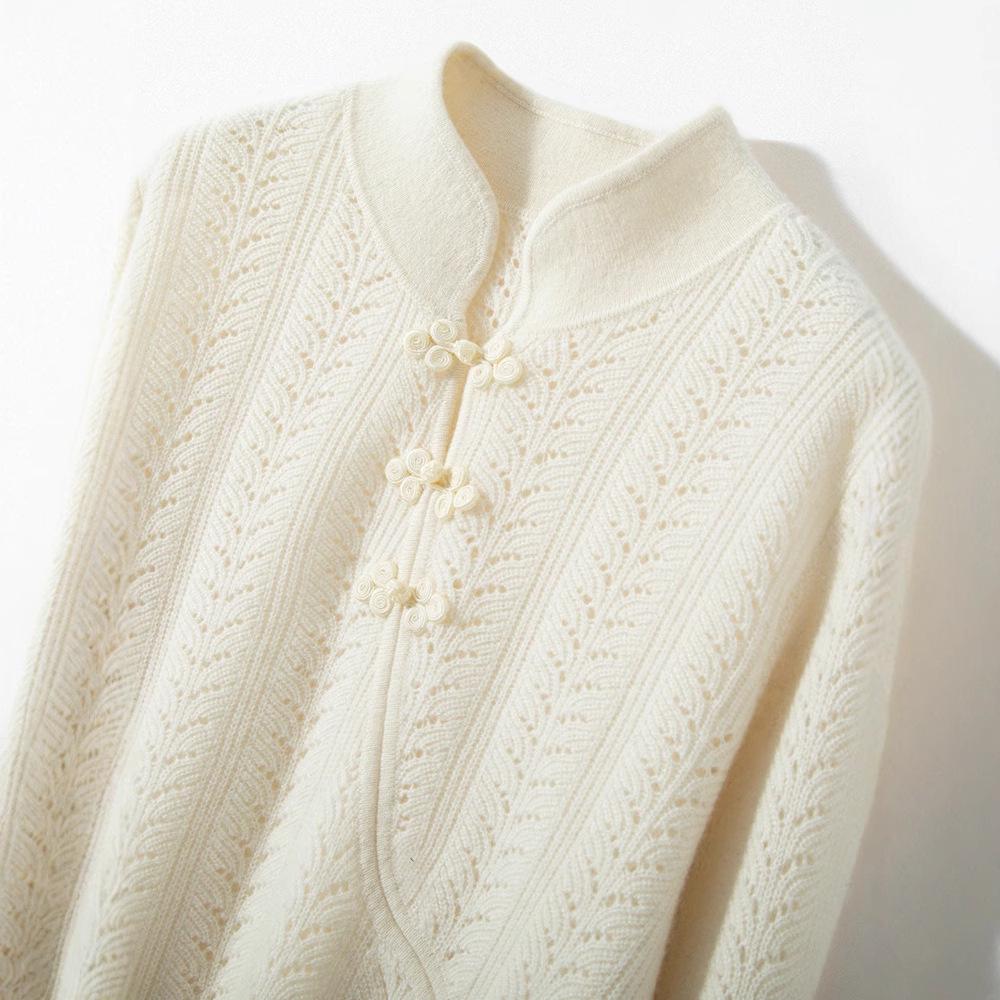 Women's Cashmere Knitted Suit with Chinese Stand Collar and Hollow Skirt, Perfect for Autumn/Winter.
