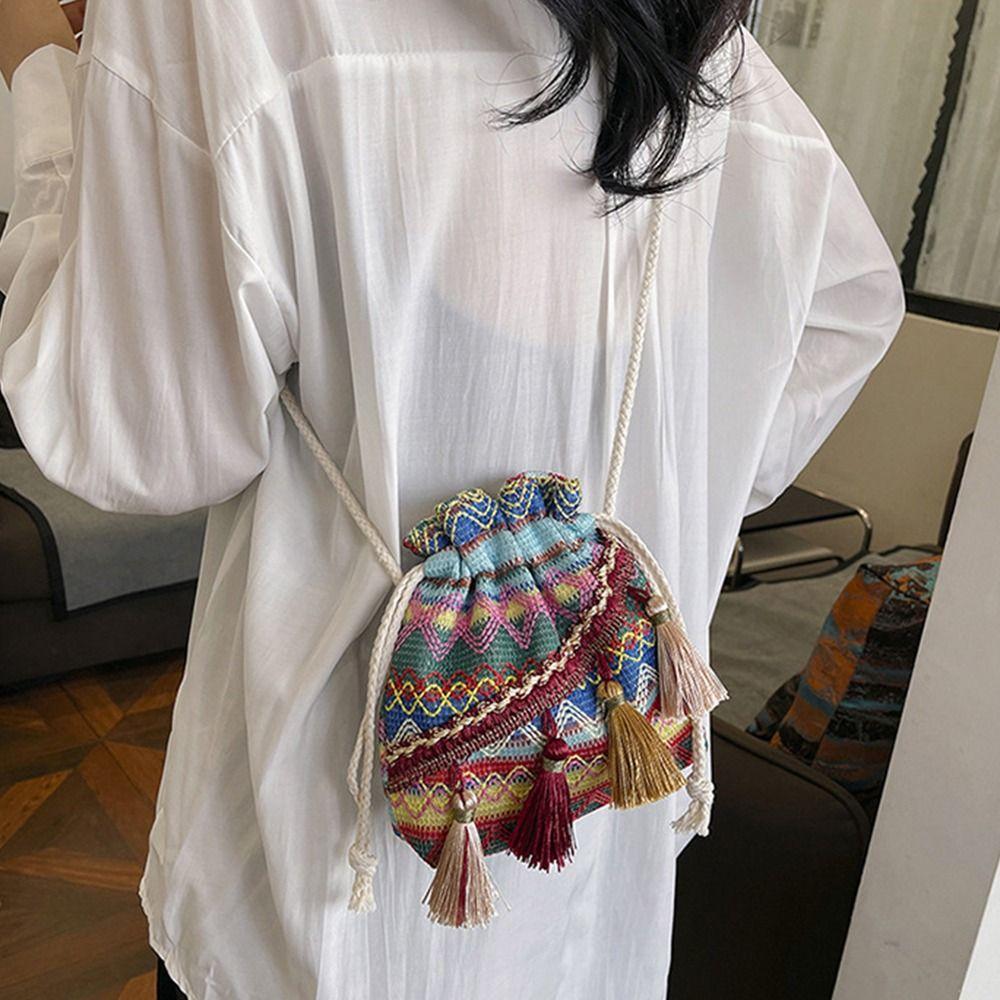 Colorful Female Crossbody Bag Floral Printed Women Shoulder Bag Woven Bucket Bag Travel