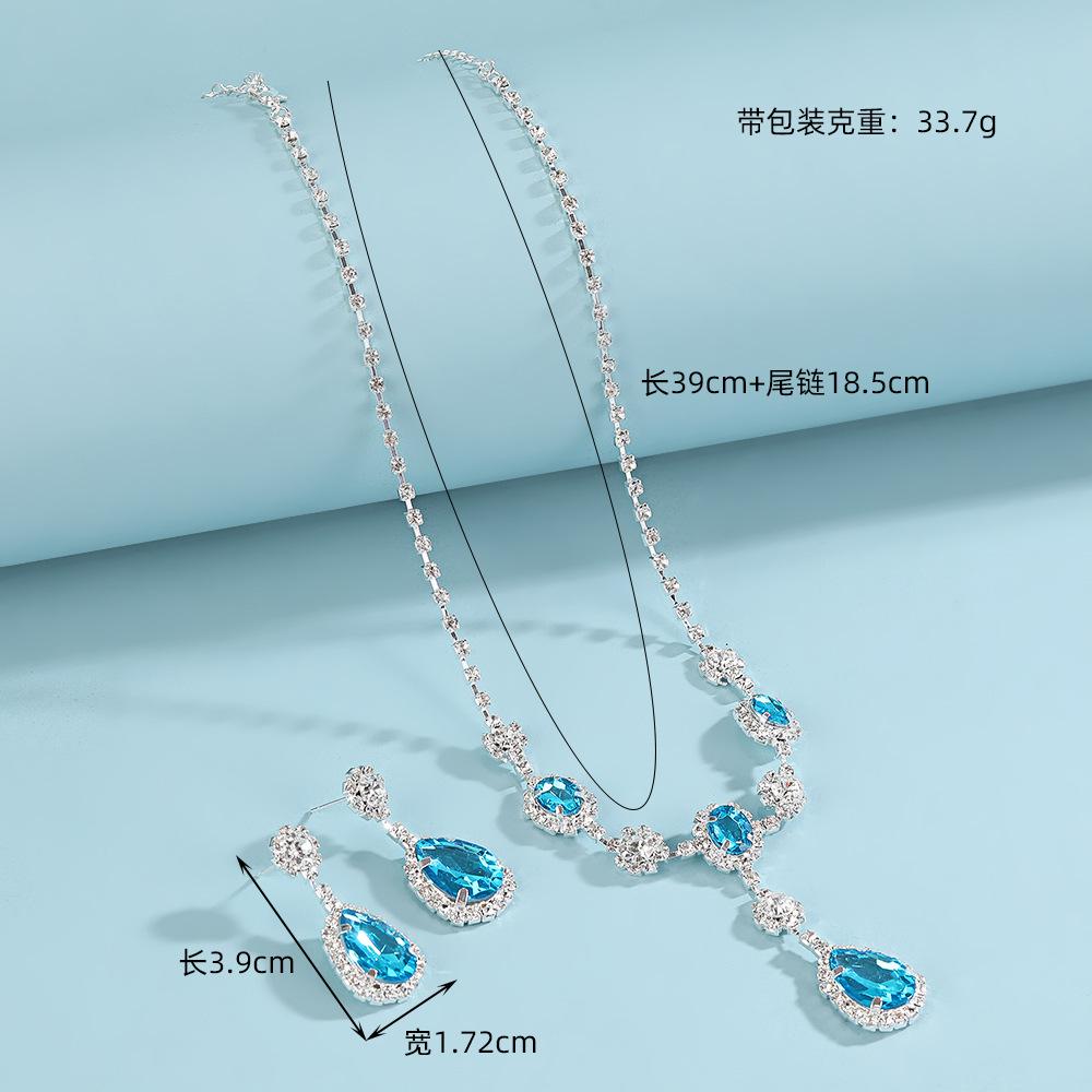 

Rhinestone Teardrop Pendant Necklace and Earrings Set for Women , French Vintage Style синий