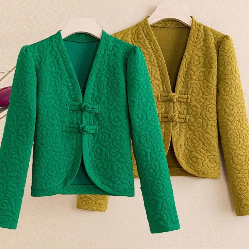 Jachetă Scurtă pentru Femei Nou Toamnă Iarnă Catifea Retro Stil Chinezesc Modă Mamă Top cu Nasturi