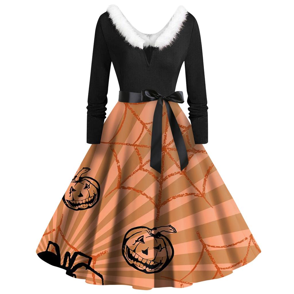 Women's Casual Fashion V-Neck Hairy Halloween Printed Long Sleeve Dresses