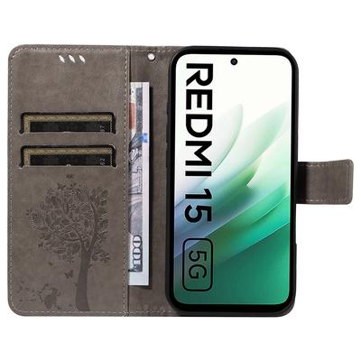 Pro Xiaomi Redmi 15 5G (Globální) (169 mm) Pouzdro na telefon se stojánkem Vzor kočičího stromu Kožená peněženka Mobilní kryt