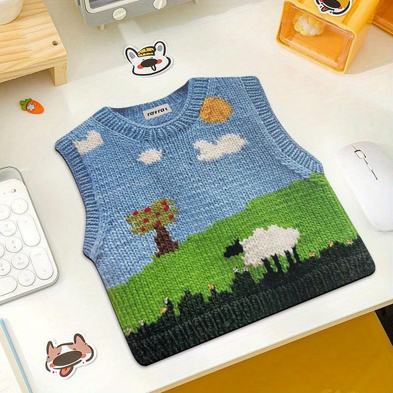 1pc Adorable Knit Sweater Design Mouse Pad-Cute Pixel Tree, Sheep Landscape Gaming Aesthetic,Non-Slip Base,Washable Desk Mat
