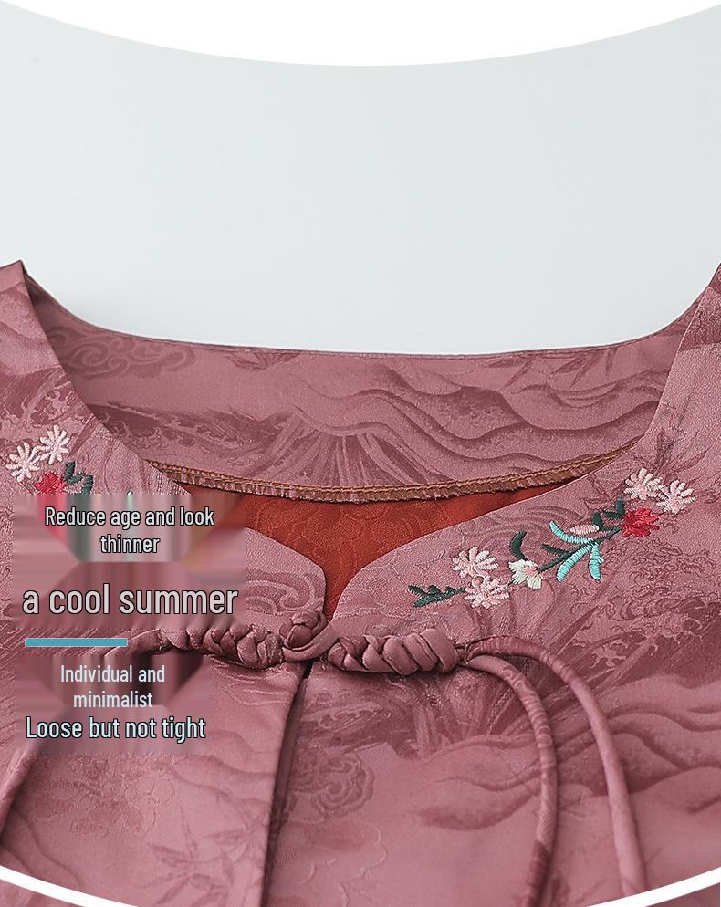 2026 Spring/Summer Embroidered Lace-up Round Neck Top for Middle-aged Women – Short Sleeve Chinese Style Shirt
