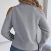 Autumn and Winter Women's Pullover Solid Off Shoulder High Neck Screw Thread Hollow Out Long Sleeve Knit Pullover Sweater Tops