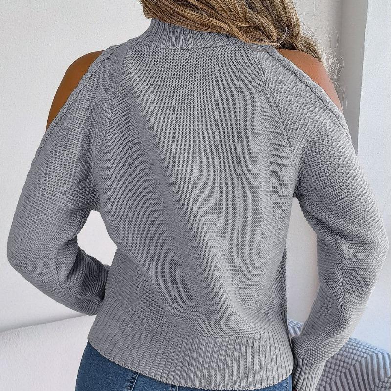 Autumn and Winter Women's Pullover Solid Off Shoulder High Neck Screw Thread Hollow Out Long Sleeve Knit Pullover Sweater Tops