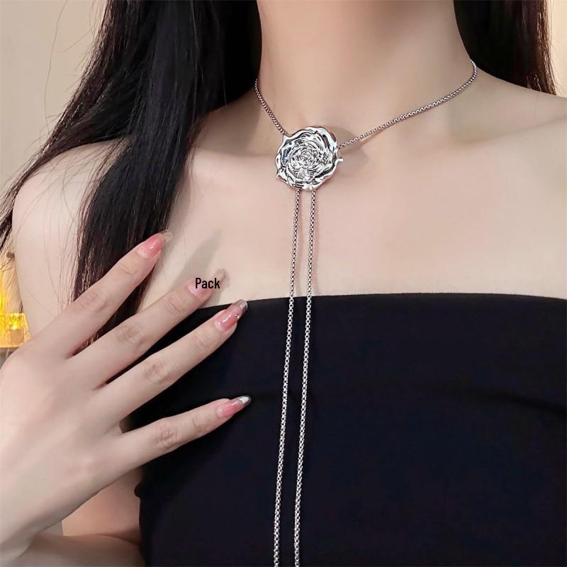 High-End Rose Flower Titanium Steel Necklace - Long Sweater Chain for Spring and Autumn