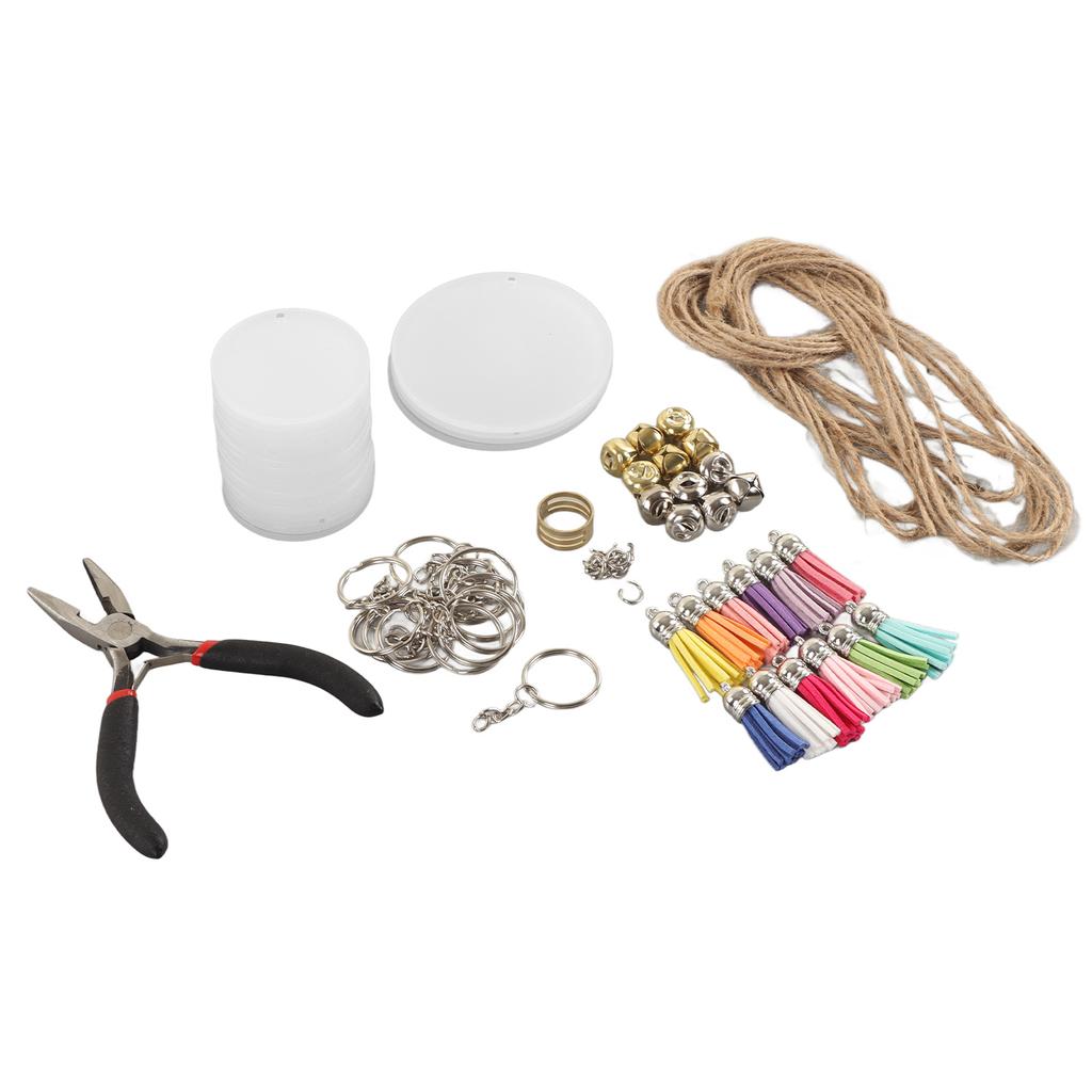 75 Pcs Keychain Blanks Tassel Set Double Sided Dye Sublimation Acrylic Blanks Tassel Key Rings Pliers Bell Twine DIY Kit