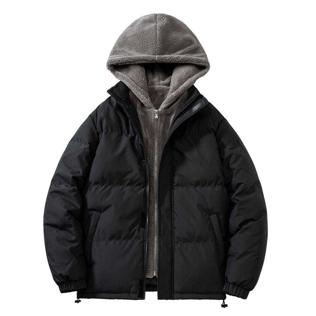 Large size fake two-piece cotton-padded clothes, men's trend loose and thickened fleece, solid color hooded clothes, simple cotton-padded jacket