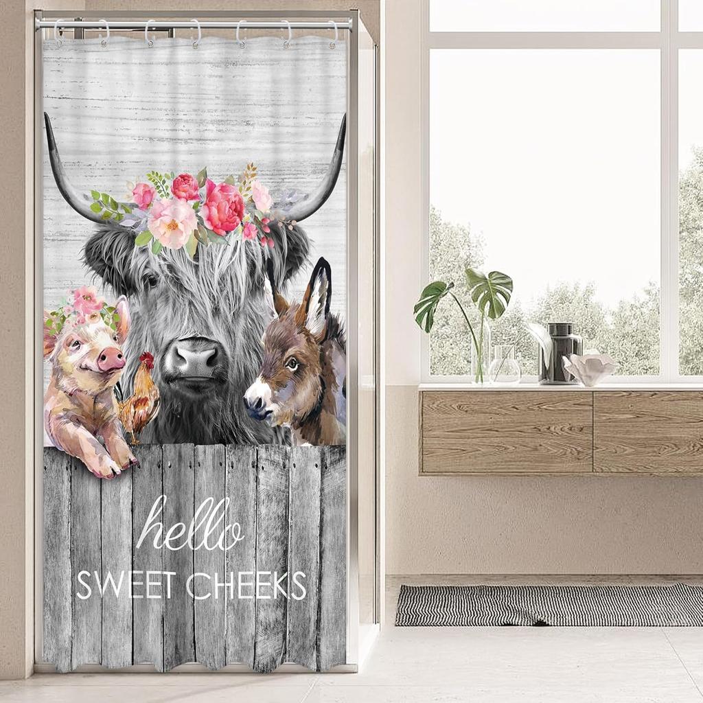 Funny Cow Shower Curtain with Western Bull & Donkey Design – Rustic Barn Door Farm Animal Bathroom Decor