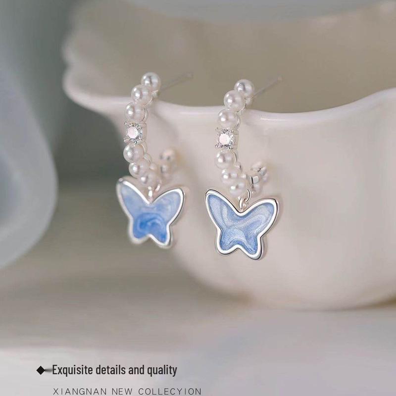 2026 Blue & White Gradient Butterfly Pearl Stud Earrings: Trendy, Simple, Versatile Korean Style for Women