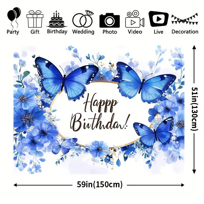 2D Flat Blue Butterfly Birthday Banner Watercolor Floral Happy Birthday Backdrop for Party
