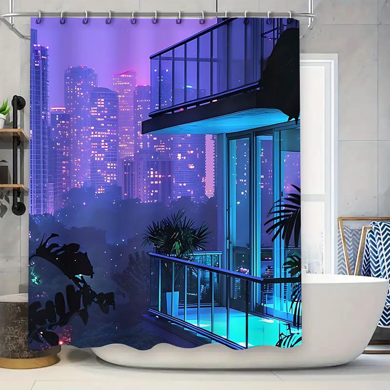 

Modern Cityscape Shower Curtain With Balcony And Night Lights, Waterproof Bathroom Decor For Home And Hotel Complimentary Hook W60H190(CM)-1 Pcs