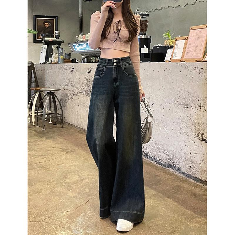 

Модные персонализированные джинсы с широкими штанинами на двойной пуговице женские весенне-осенние новые брюки в пол джинсы с широкими штанинами с высокой посадкой тренд 2XL