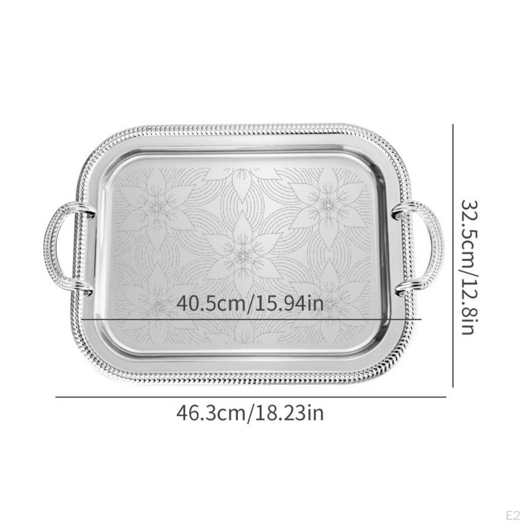 Silver-Toned Serving Tray with Handles Engraved Metal Decorative
