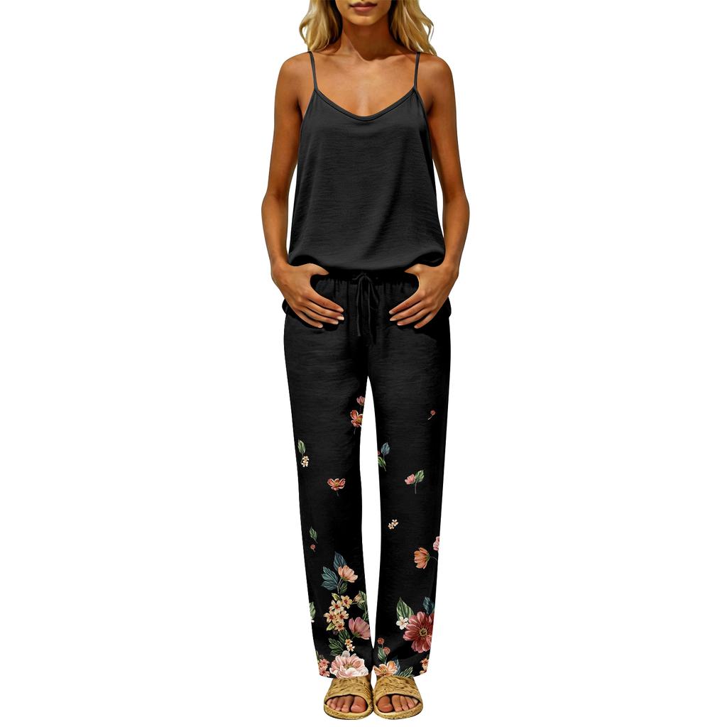 Women Sleeveless Pullover Casual Top with Back Cutout Loose Fit and Elastic Waist Floral Print Pants Two Piece Lounge Set