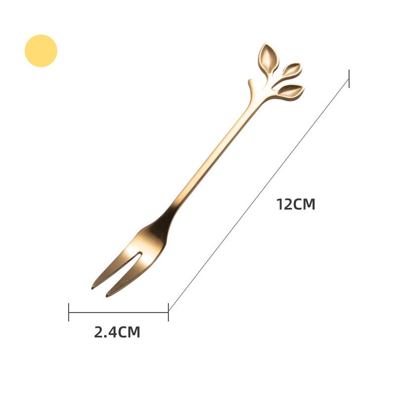 HANYANG Obstgabel aus Edelstahl, goldene Blätter, kreativer Gabellöffel aus Edelstahl, bunter Kaffeerührlöffel