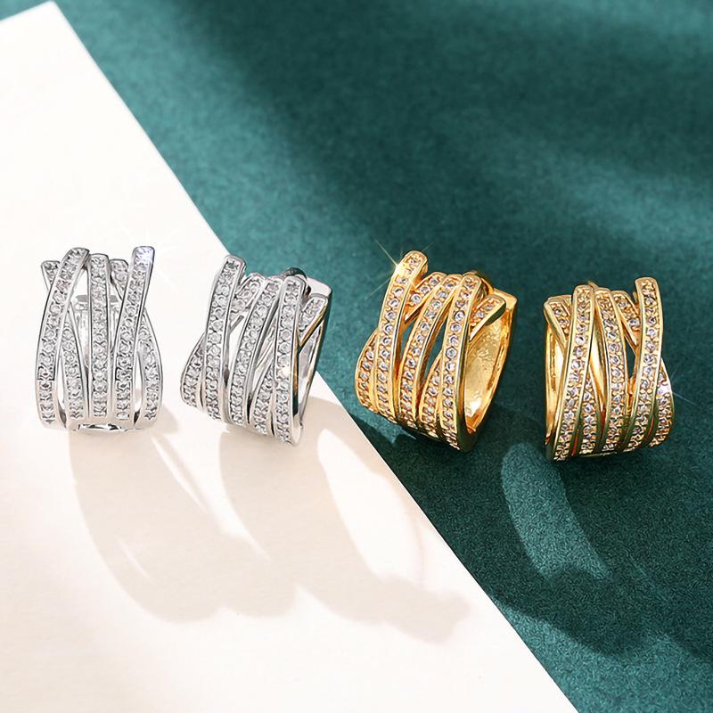 Exquisite Fashion Multilayer Zircon Lines Cross Hoop Earrings for Women High Quality Stainless Steel Korea Earring Bride Jewelry