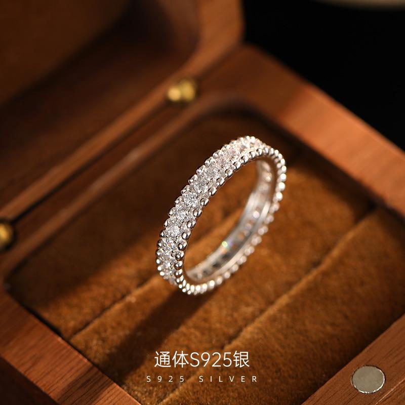 S925 Silver Light Luxury Row Diamond Bead Edge Ring, High-Quality Starry Sky Couple Matching Ring