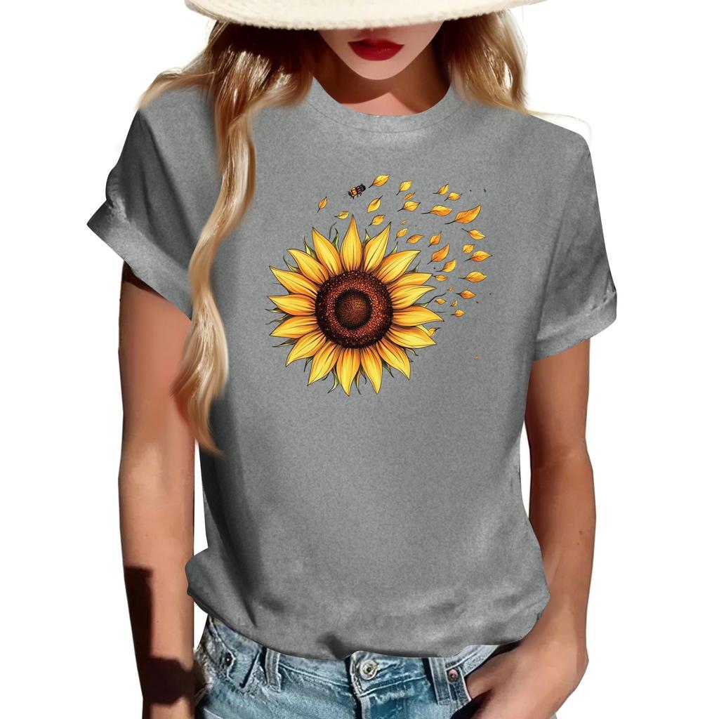 Damen Modisches Rundhals Casual Retro Print Kurzarm T-Shirt Top