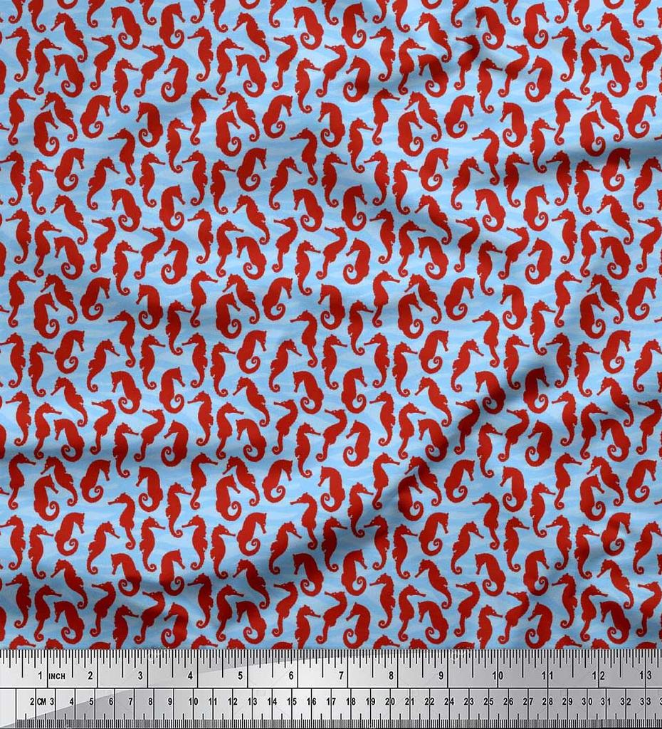 Soimoi Japan Crepe Satin Fabric Sea Horse Ocean Printed Craft Fabric by the metre 42 Inch